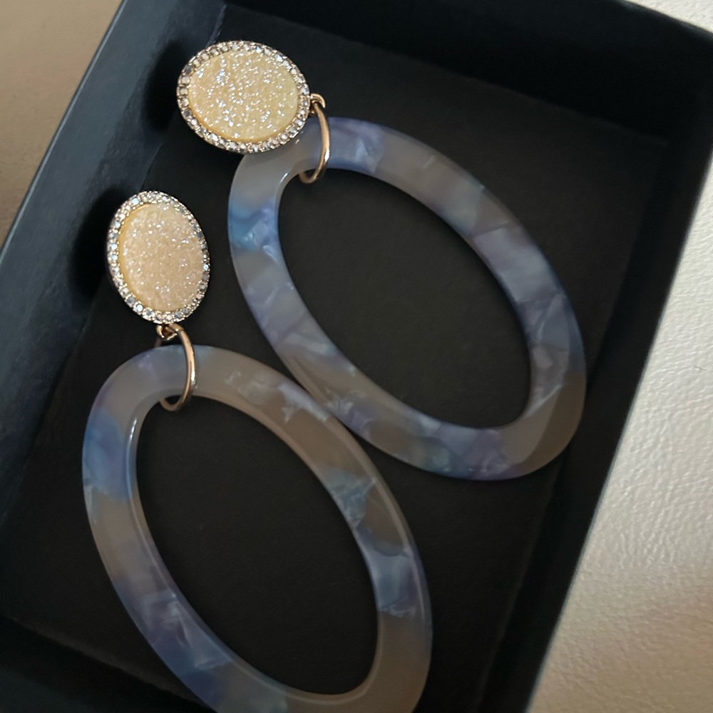 Chic Blue and Gold Oval Earrings